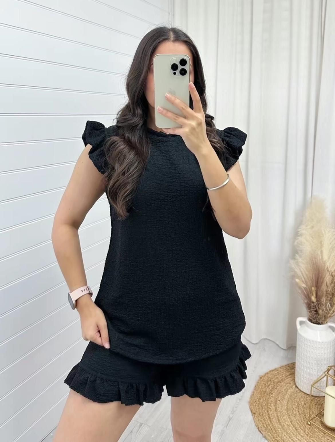 Women's Super Soft Pop Corn Materi Frill Sleeve Short 2PCS Co Ord Loungewear Sets Womenswear