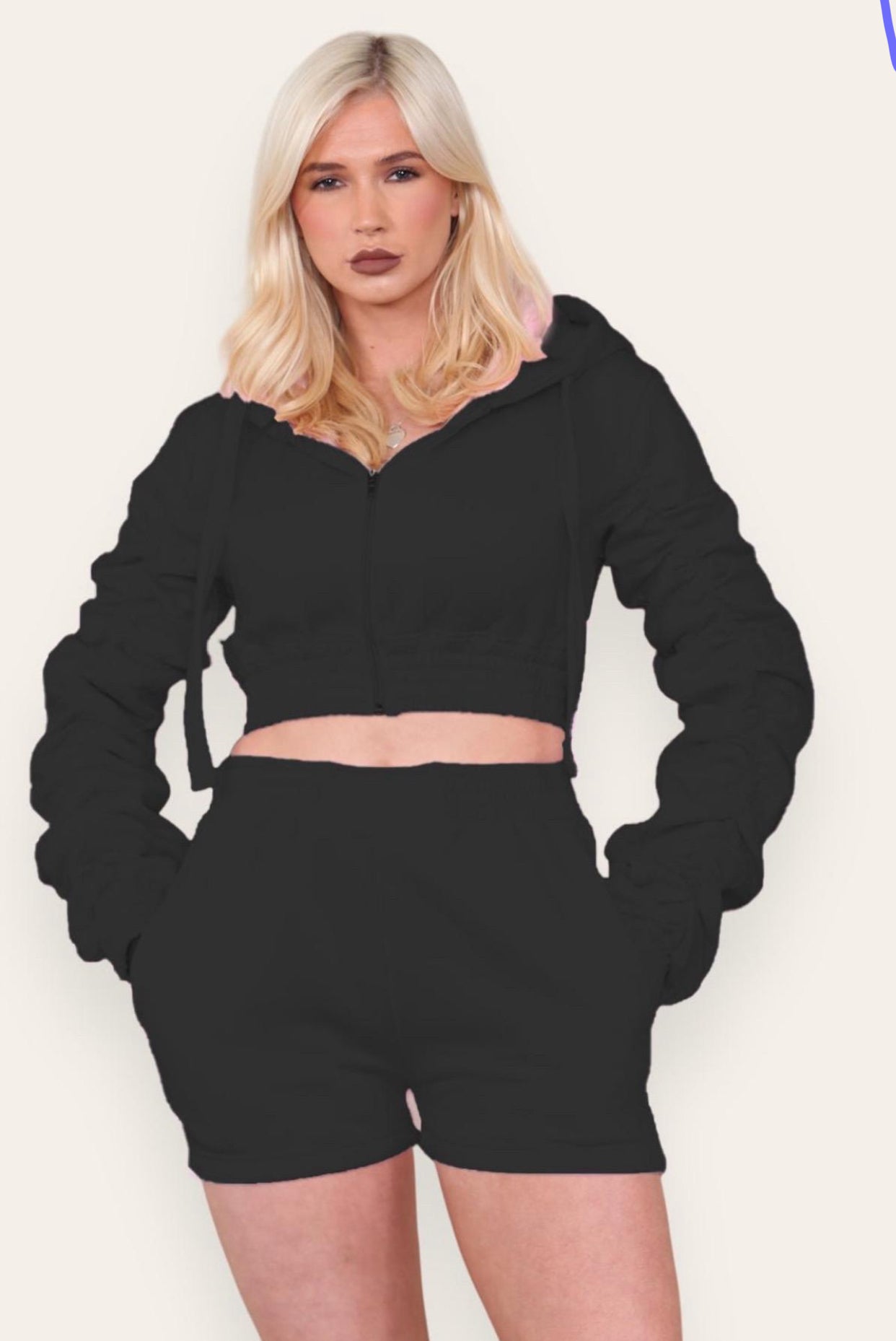 Ruched Sleeves Cropped Zip Up Front Elasticated Hem Hooded & Shorts Fleece Co-Ord Set Womenswear