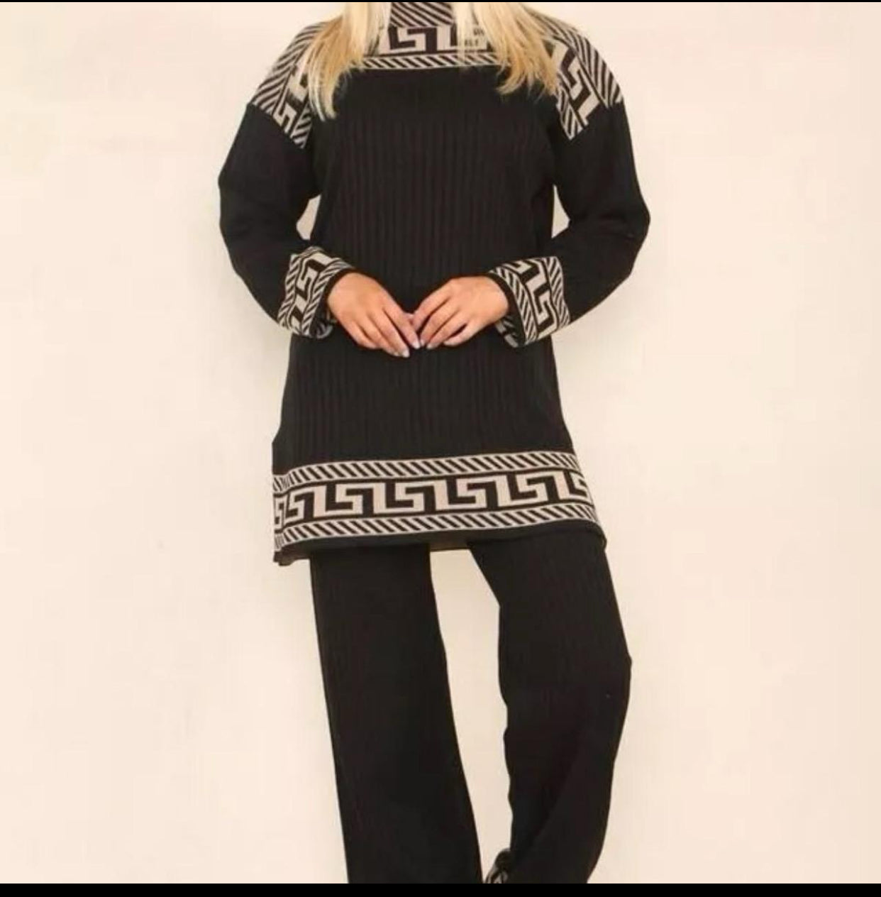 Women High Neck Ribbed knitted Geometric print 2pcs suit casual loungewear dress