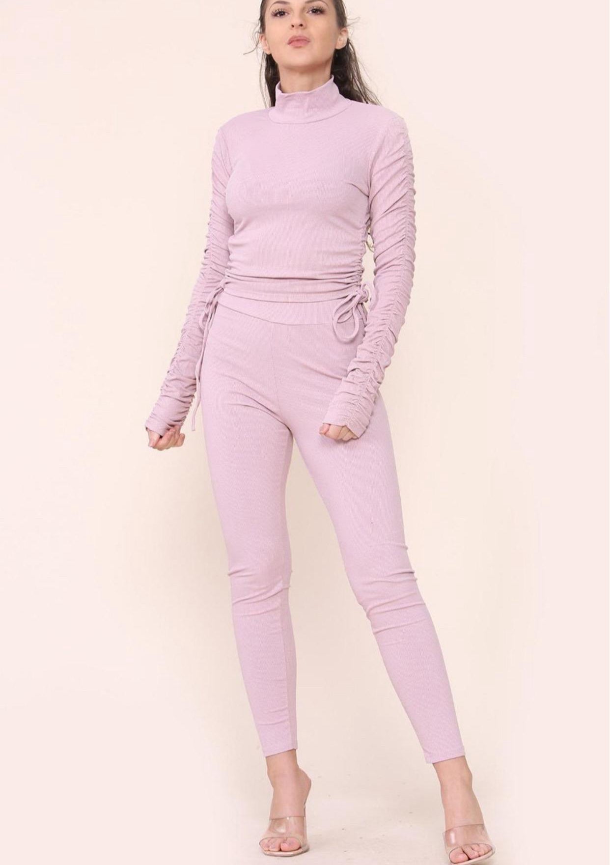 High Neck Ruched Side Arm Solid Drawstrings Ribbed Tee and Leggings set