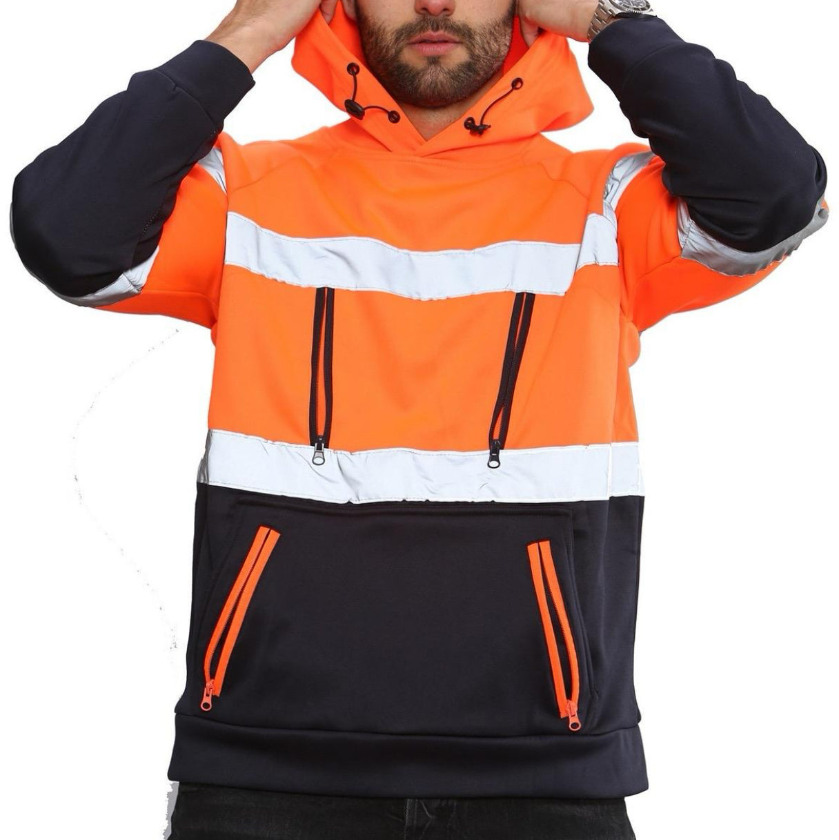 Hi Viz Vis High Visibility Hoodie Jacket Work 4 Zip Hooded SweatShirt Fleece Top Menswear