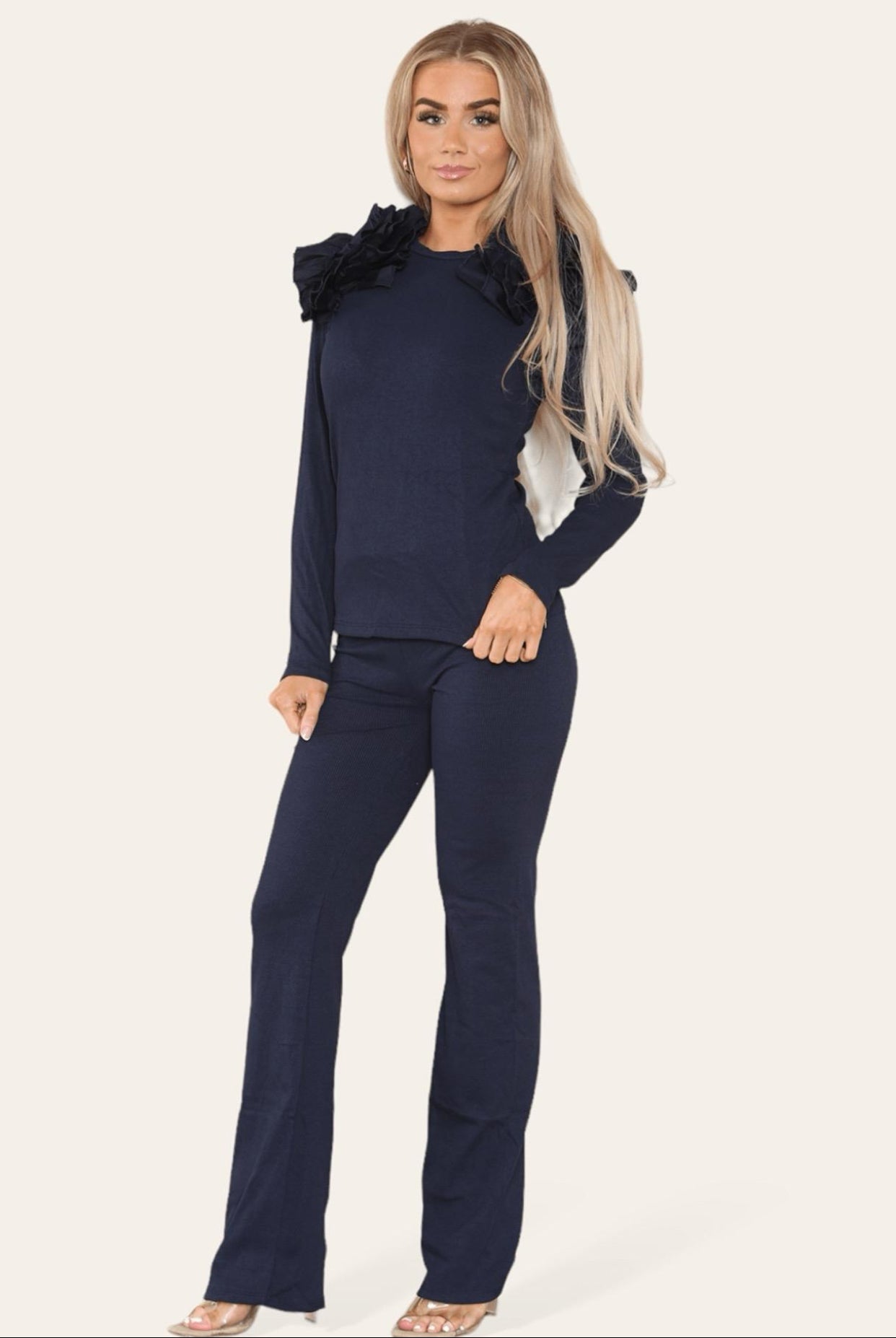 Ruffle Frill Shoulder Ribbed Loungewear Co-Ord Top & Trouser Set Womenswear