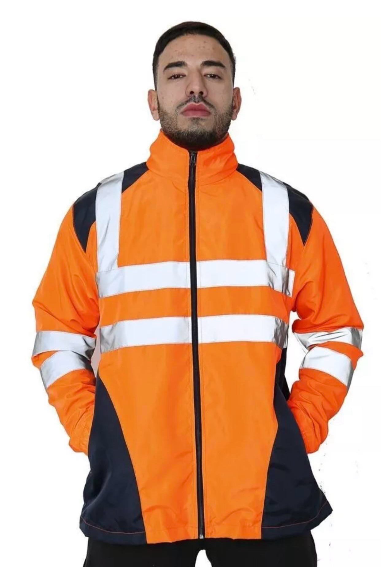Men's Hi Vis Rian Jacket Patched Hood Waterproof Zipper Hooded Jacket Menswear