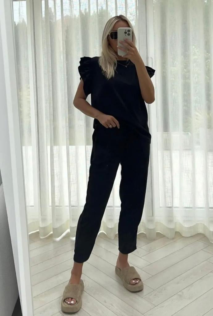 Womens Tracksuit Frill  Peplum Sleeve Boxy Top Bottom Ladies Lounge Wear Set Womenswear