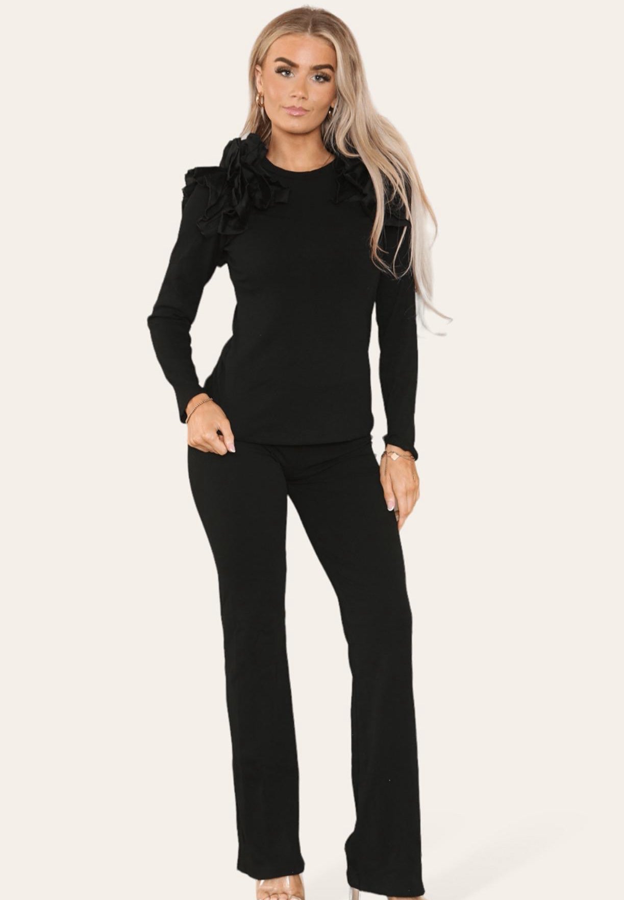 Ruffle Frill Shoulder Ribbed Loungewear Co-Ord Top & Trouser Set Womenswear