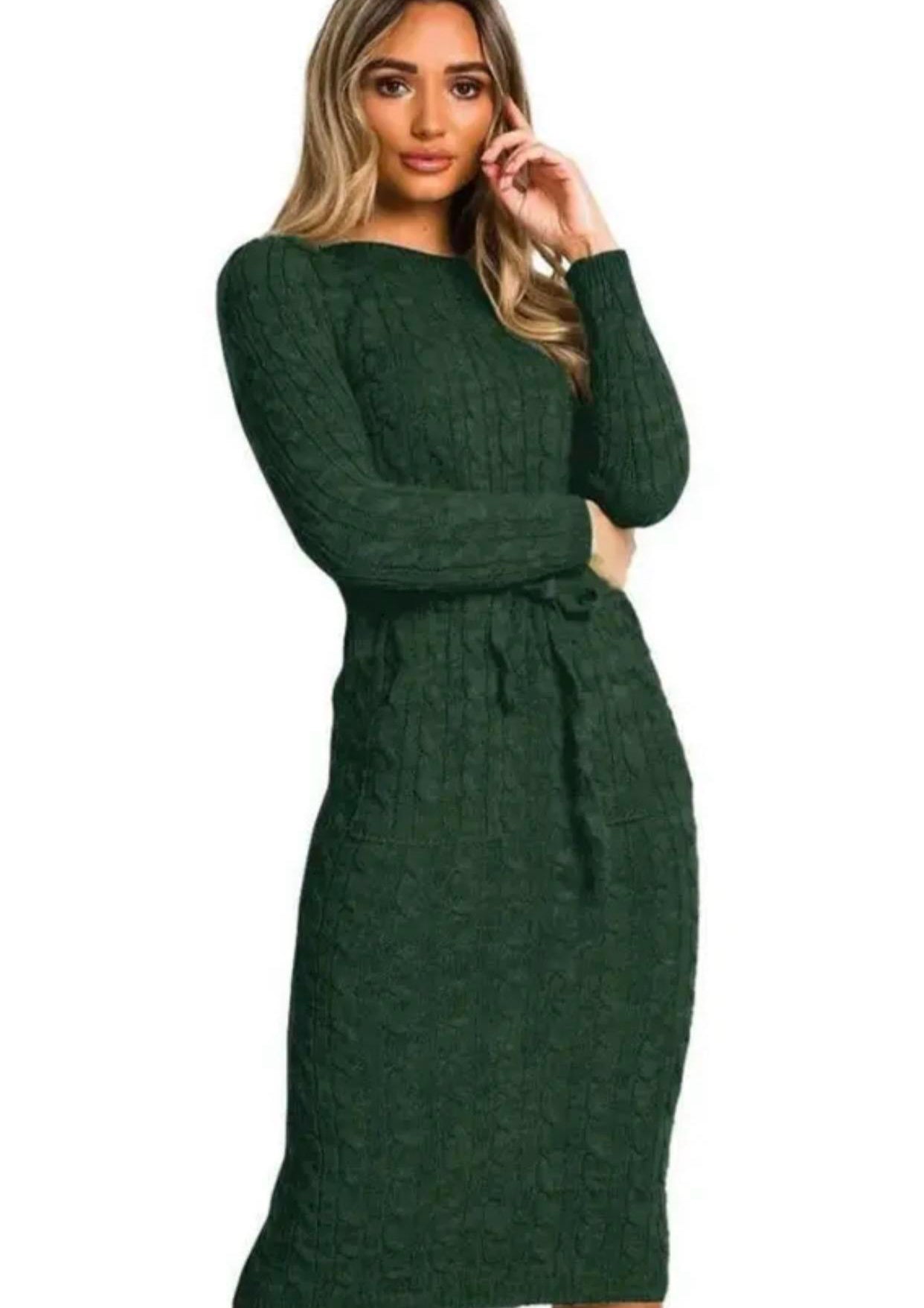 Women Ladies Cable Knitted Pocket Long Sleeve Tie Up Midi Party Jumper Dress Top Comfortable Womenswear Elegant