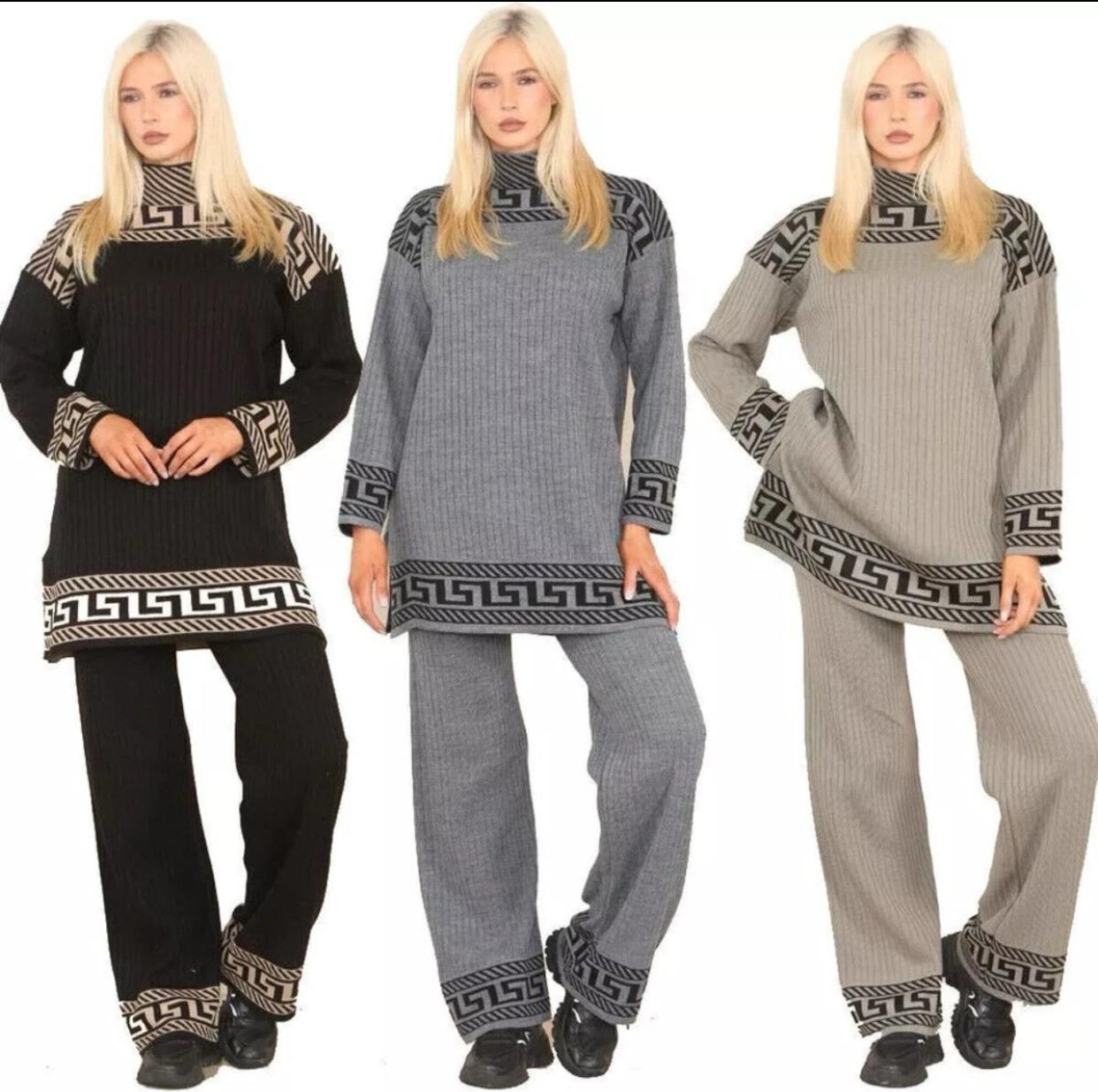 Women High Neck Ribbed knitted Geometric print 2pcs suit casual loungewear dress