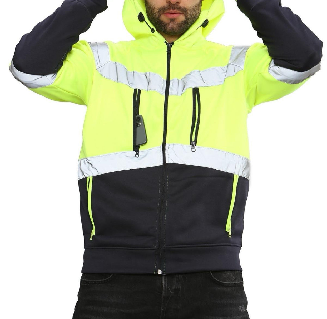 Hi Viz Vis High Visibility Hoodie Jacket Work 4 Zip Hooded SweatShirt Fleece Top Menswear