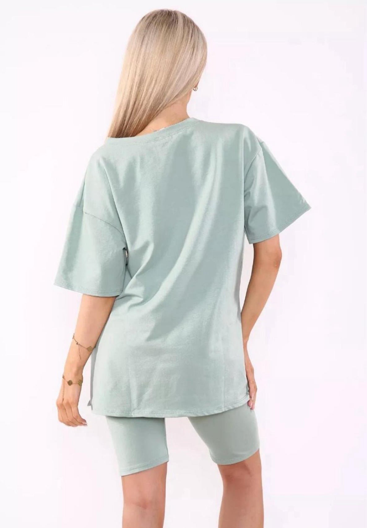 Love Side Slit Cycling Short and T-Shirts Co-Ord Two Piece Set with Front Love Slogan