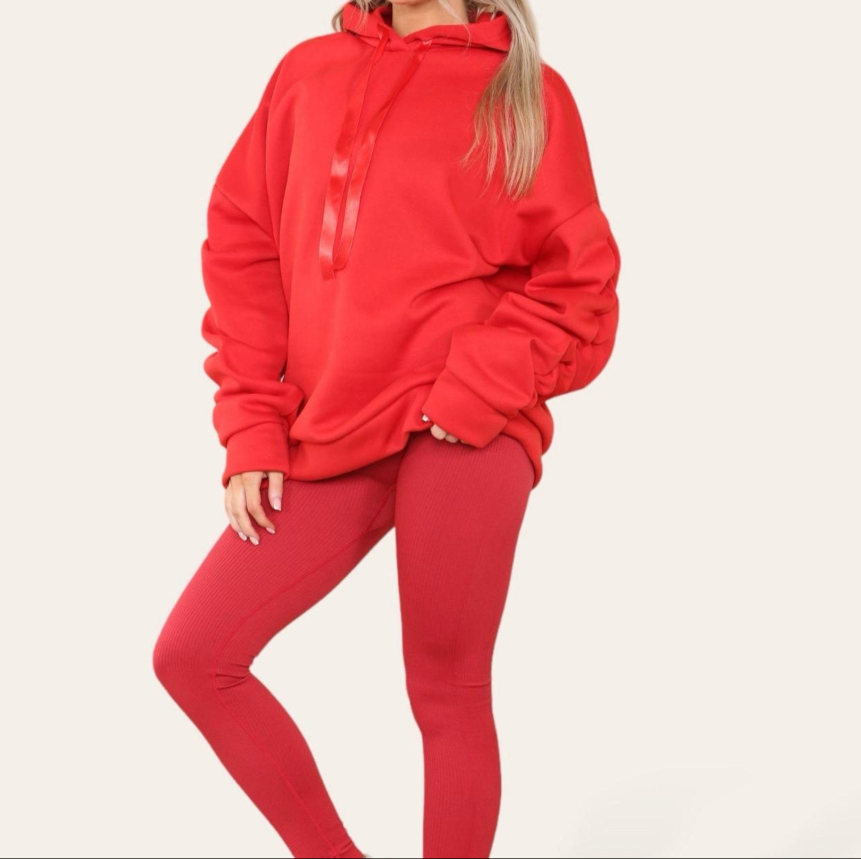 Oversized Ruched Sleeves Hoodie With Satin Ribbon with High Waist High Rise Seamless Ribbed Legging Set