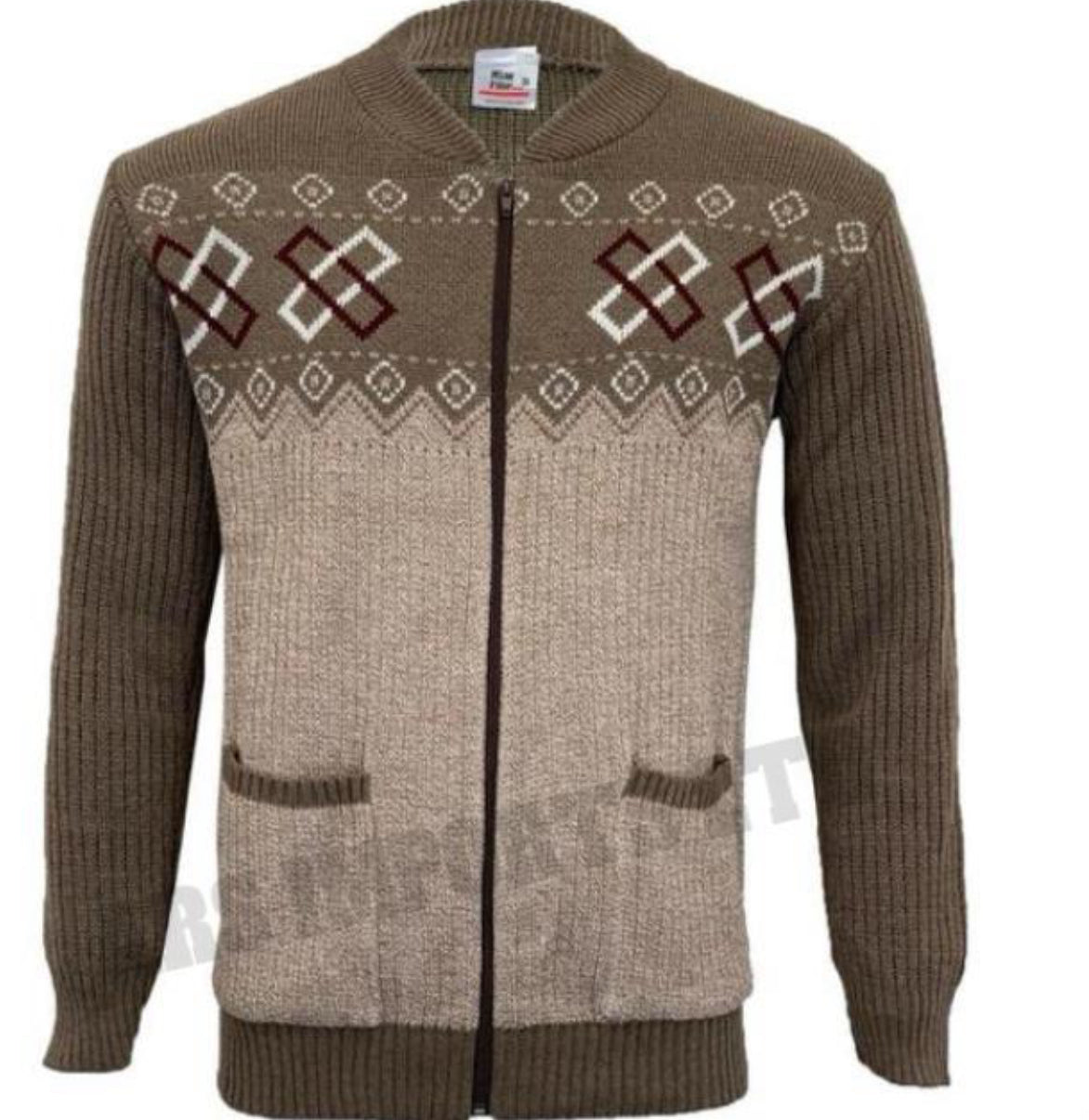 MENS ZIP UP GRANDDAD CARDIGAN CLASSIC ARGYLE KNITWEAR AZTEC TWO FRONT POCKET TOP Menswear Collar Stylish