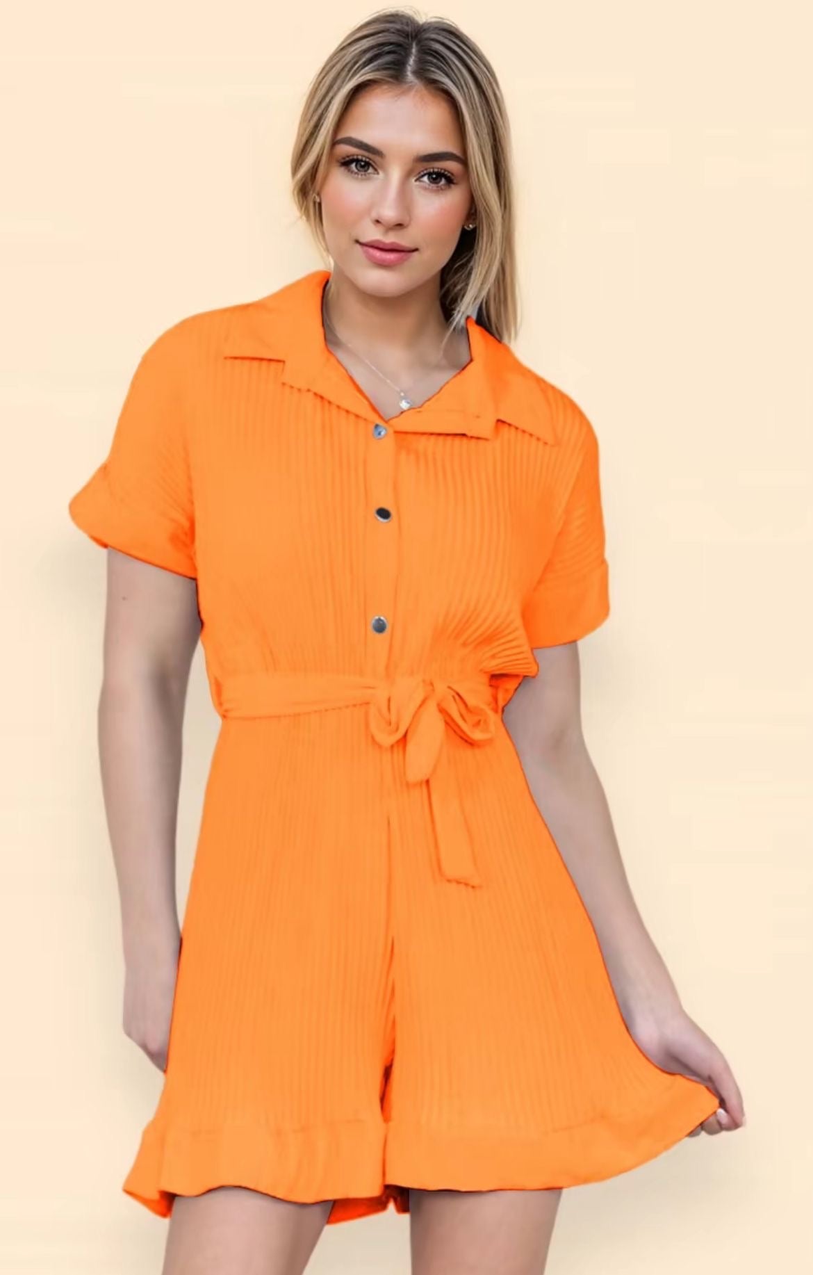 Women's Pleated Gold Button Tie Belted Collared Playsuit
