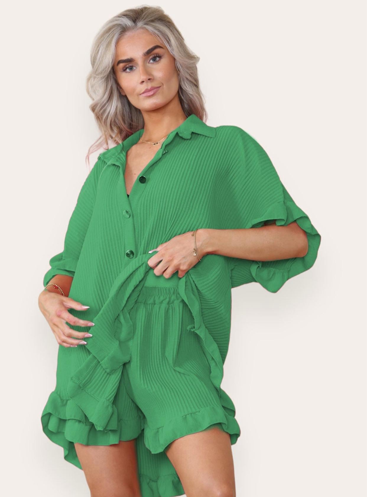 Womens Gold Button Pleated Dress Ladies Frill Collared Shirt Shorts Co ord Set Womenswear