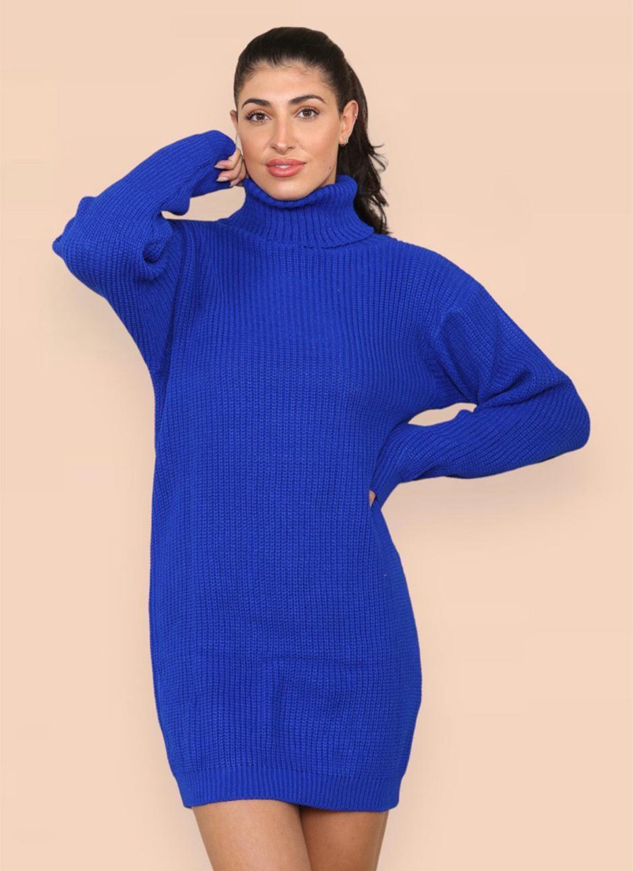 Womens Ladies Chunky Knitted High Polo Roll Over Neck Oversize Jumper Dress Womenswear