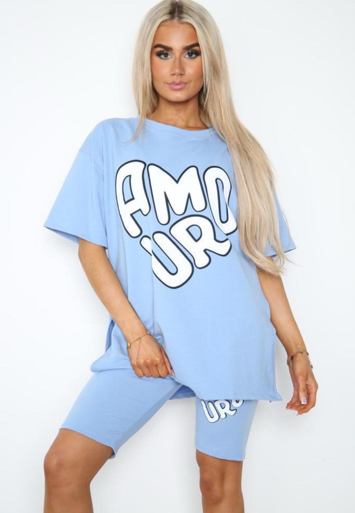 Cycling Short and T-Shirts Co-Ord Two Piece Side Slit Set with Front Printed Slogan