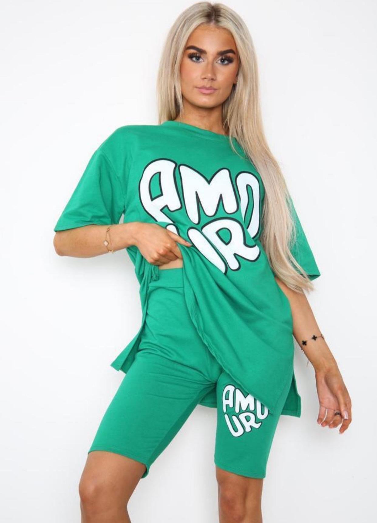 Cycling Short and T-Shirts Co-Ord Two Piece Side Slit Set with Front Printed Slogan