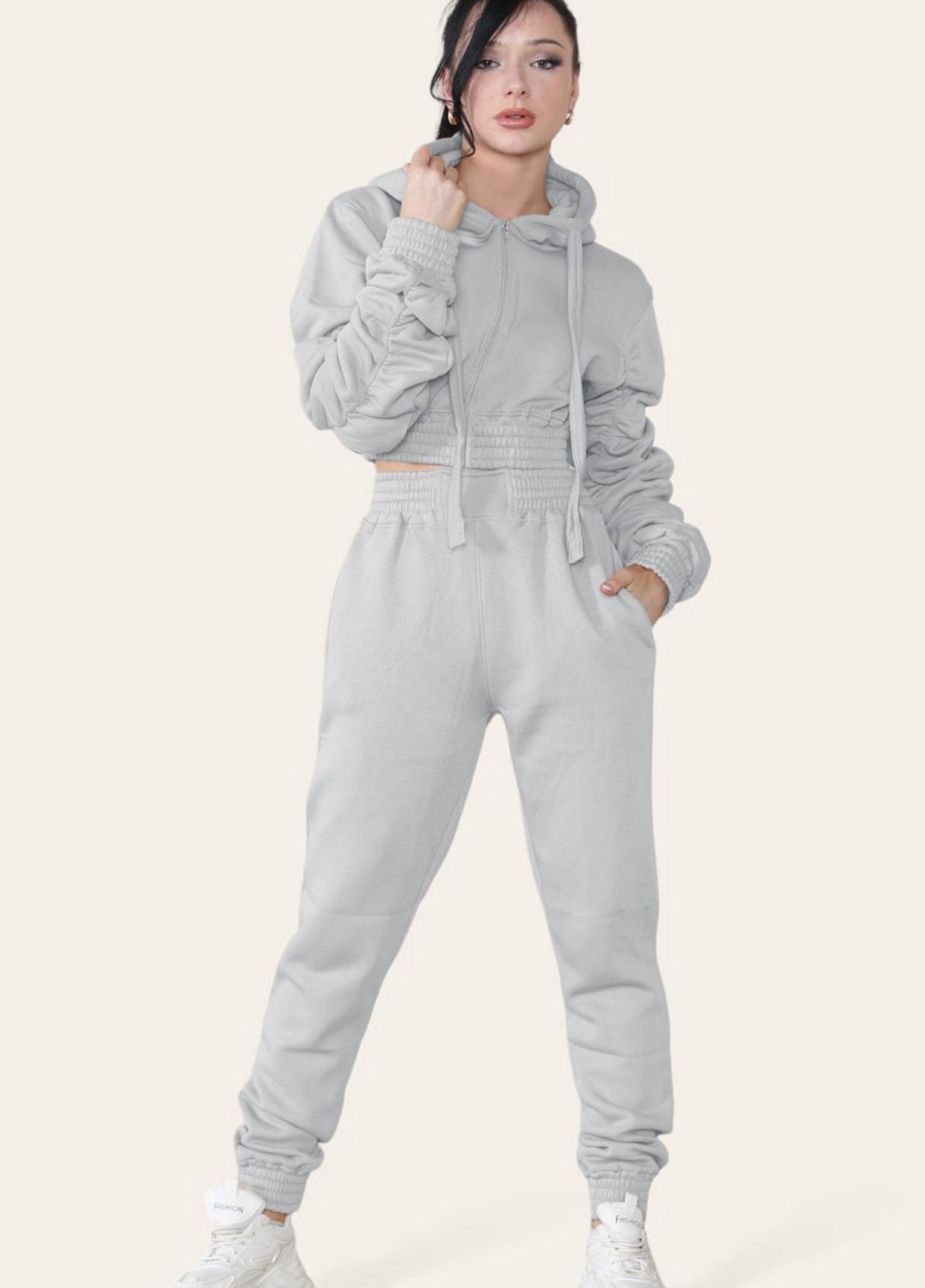 Ruched Sleeves Cropped Hoodie and Cropped Jogger Cuffed Bottom Loungewear Tracksuit Set