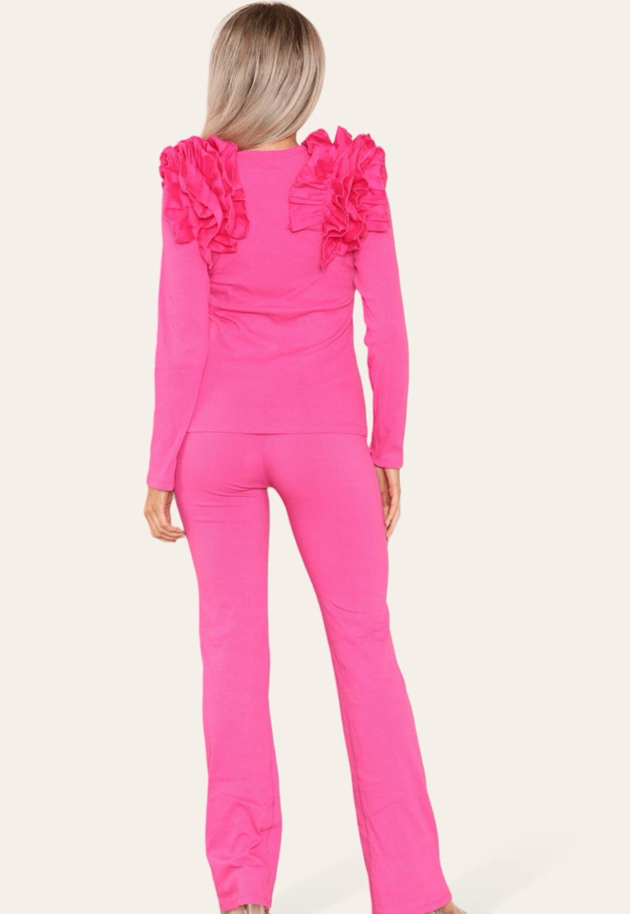 Ruffle Frill Shoulder Ribbed Loungewear Co-Ord Top & Trouser Set Womenswear