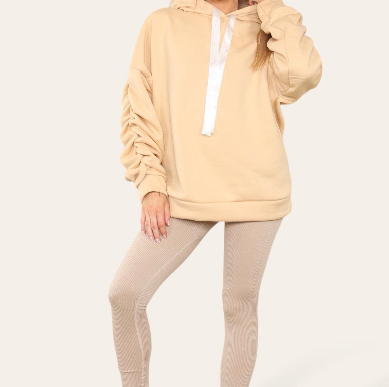 Oversized Ruched Sleeves Hoodie With Satin Ribbon with High Waist High Rise Seamless Ribbed Legging Set