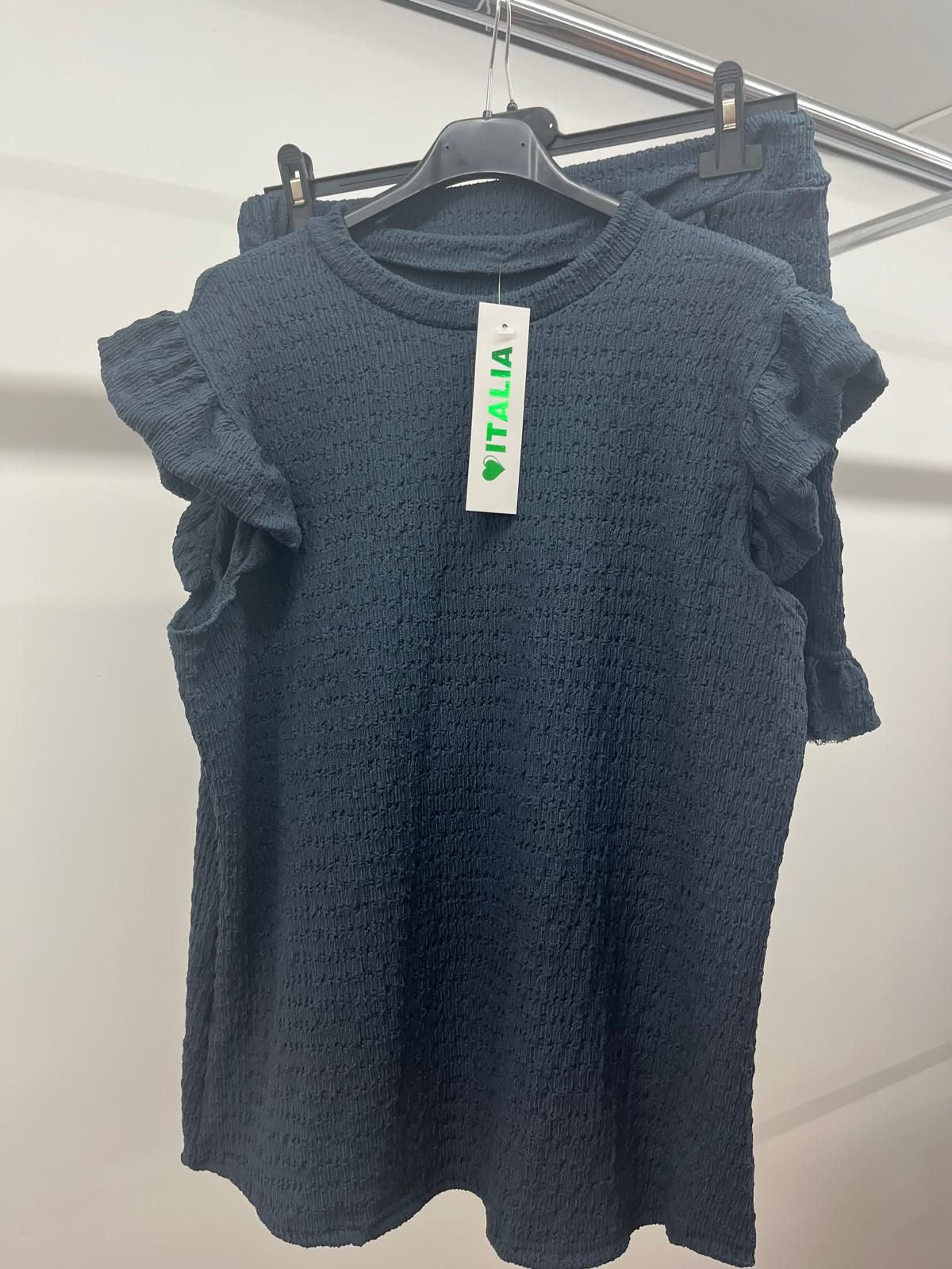 Women's Super Soft Pop Corn Materi Frill Sleeve Short 2PCS Co Ord Loungewear Sets Womenswear