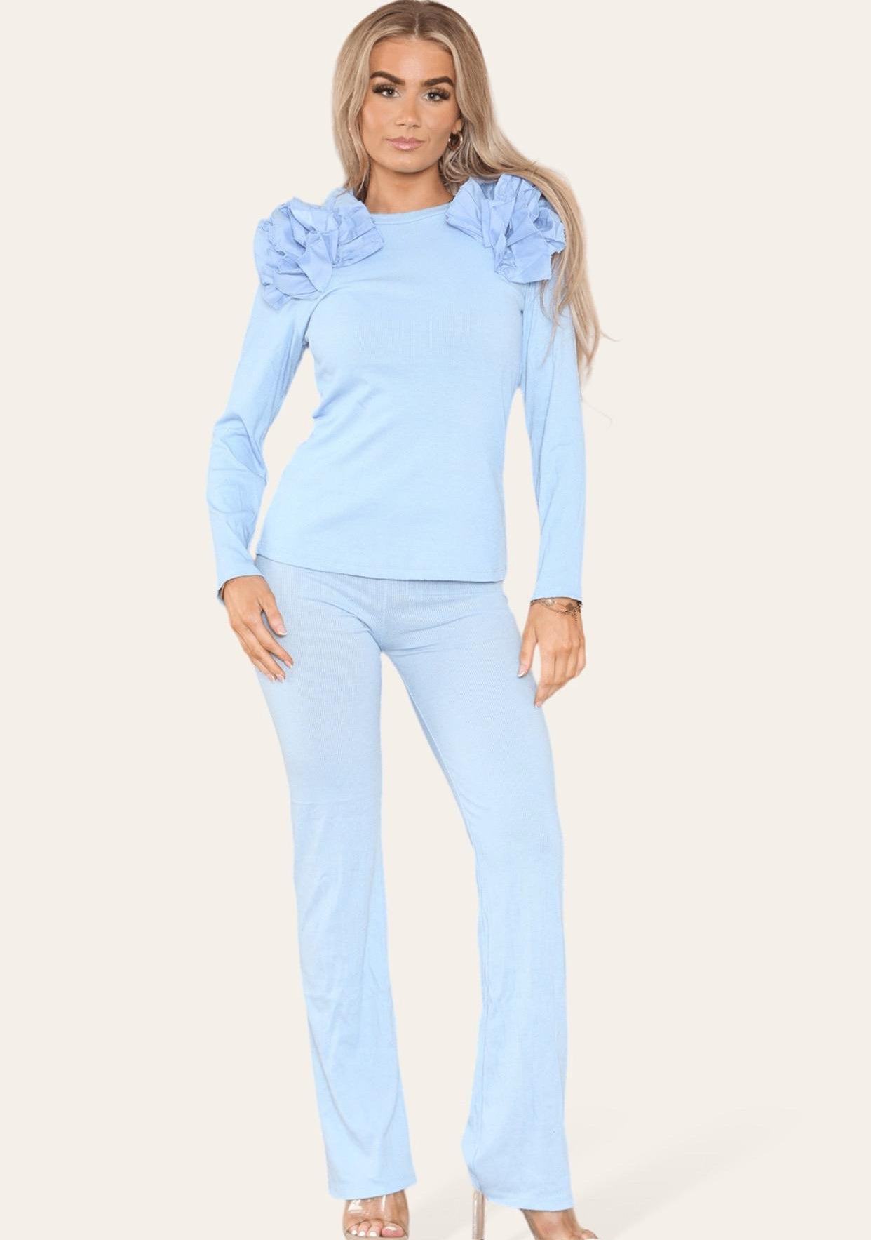 Ruffle Frill Shoulder Ribbed Loungewear Co-Ord Top & Trouser Set Womenswear