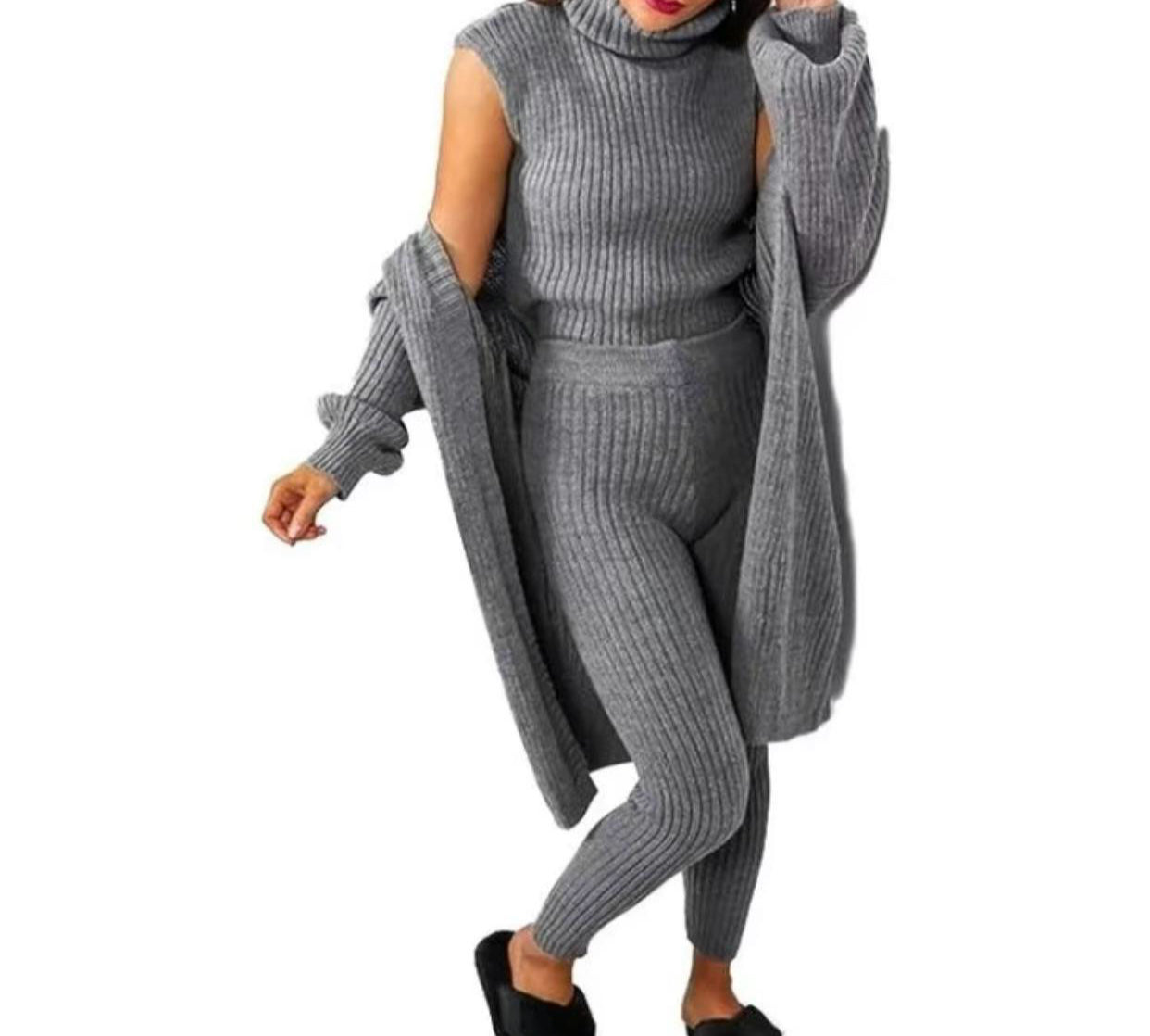 Women's Ladies Long Sleeve Knit 3 Piece Roll Neck Knitted Top Open Cardigan Set Suit Womenswear