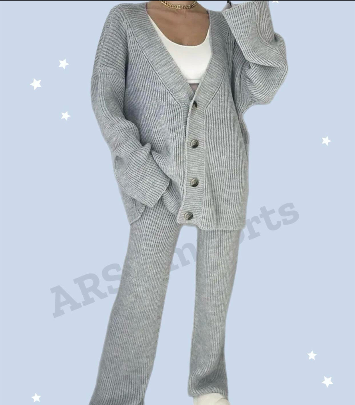 Ladies Rib Knitted Button Cardigan Palazzo Trousers Suit Womens Lounge Wear Set Womenswear