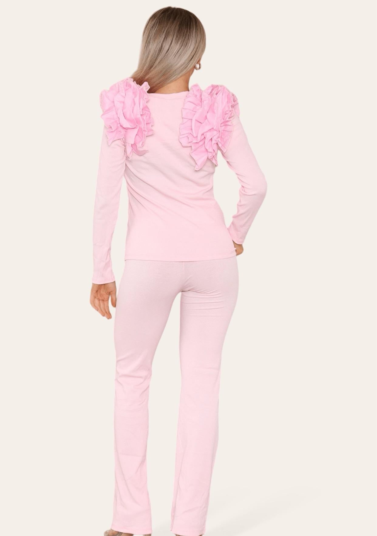 Ruffle Frill Shoulder Ribbed Loungewear Co-Ord Top & Trouser Set Womenswear