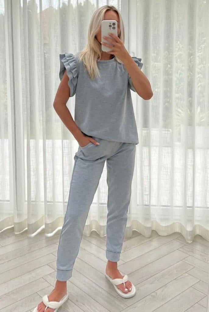 Womens Tracksuit Frill  Peplum Sleeve Boxy Top Bottom Ladies Lounge Wear Set Womenswear