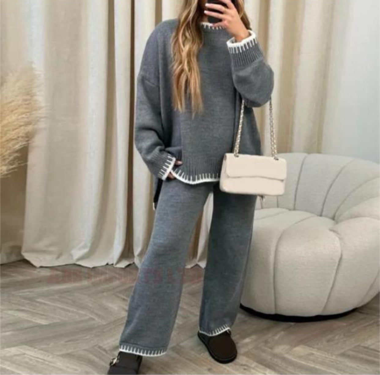 Womens Knitted Lounge Wear Ladies Wide Leg Palazzo Top Trousers Tracksuit Set Womenswear Comfortable Essential Long Sleeve Crew Neck