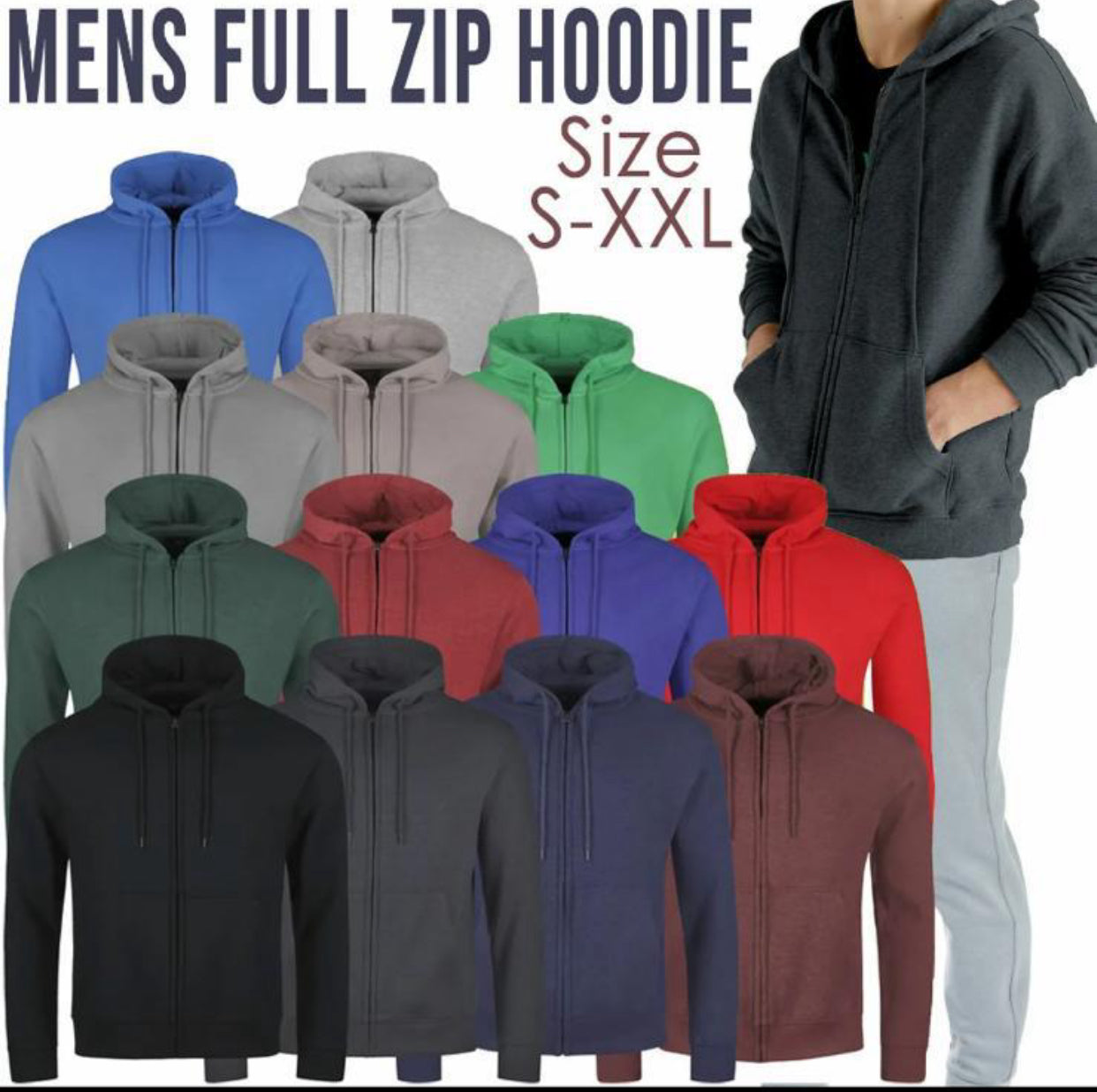 Mens Full Zip Up Plain Hooded Sweatshirt Hoodie Adult Fleece Zipper Hoody Top UK Menswear