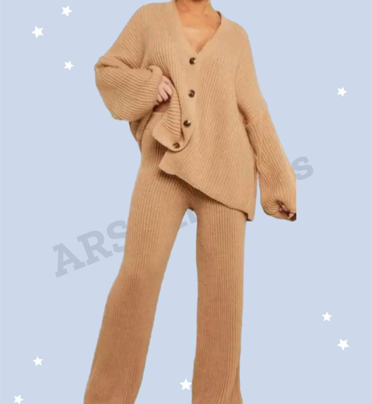 Ladies Rib Knitted Button Cardigan Palazzo Trousers Suit Womens Lounge Wear Set Womenswear