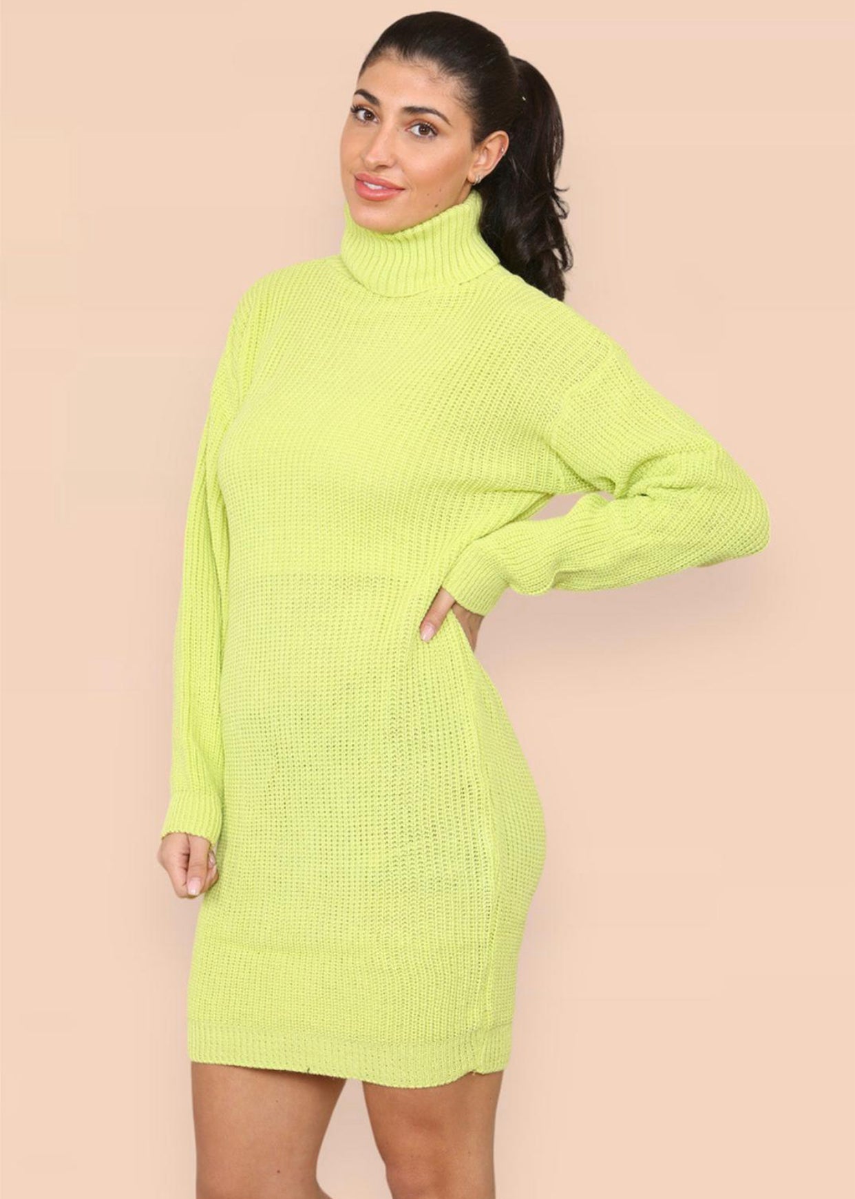 Womens Ladies Chunky Knitted High Polo Roll Over Neck Oversize Jumper Dress Womenswear