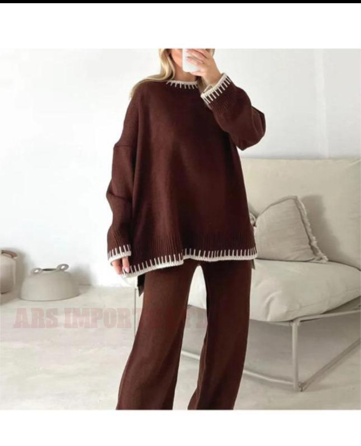 Womens Knitted Lounge Wear Ladies Wide Leg Palazzo Top Trousers Tracksuit Set Womenswear Comfortable Essential Long Sleeve Crew Neck