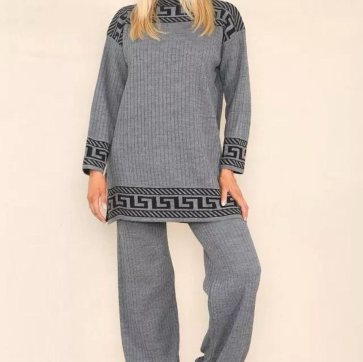 Women High Neck Ribbed knitted Geometric print 2pcs suit casual loungewear dress
