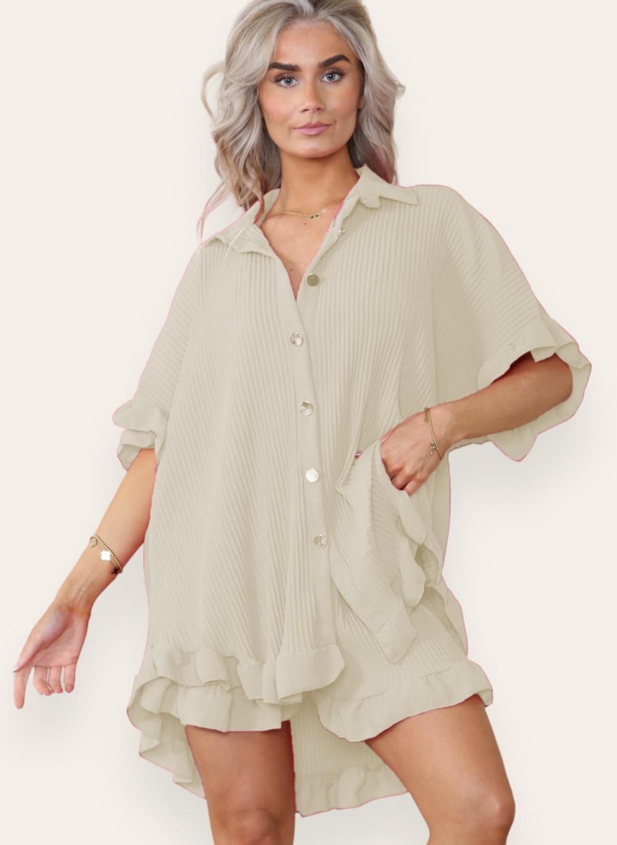 Womens Gold Button Pleated Dress Ladies Frill Collared Shirt Shorts Co ord Set Womenswear