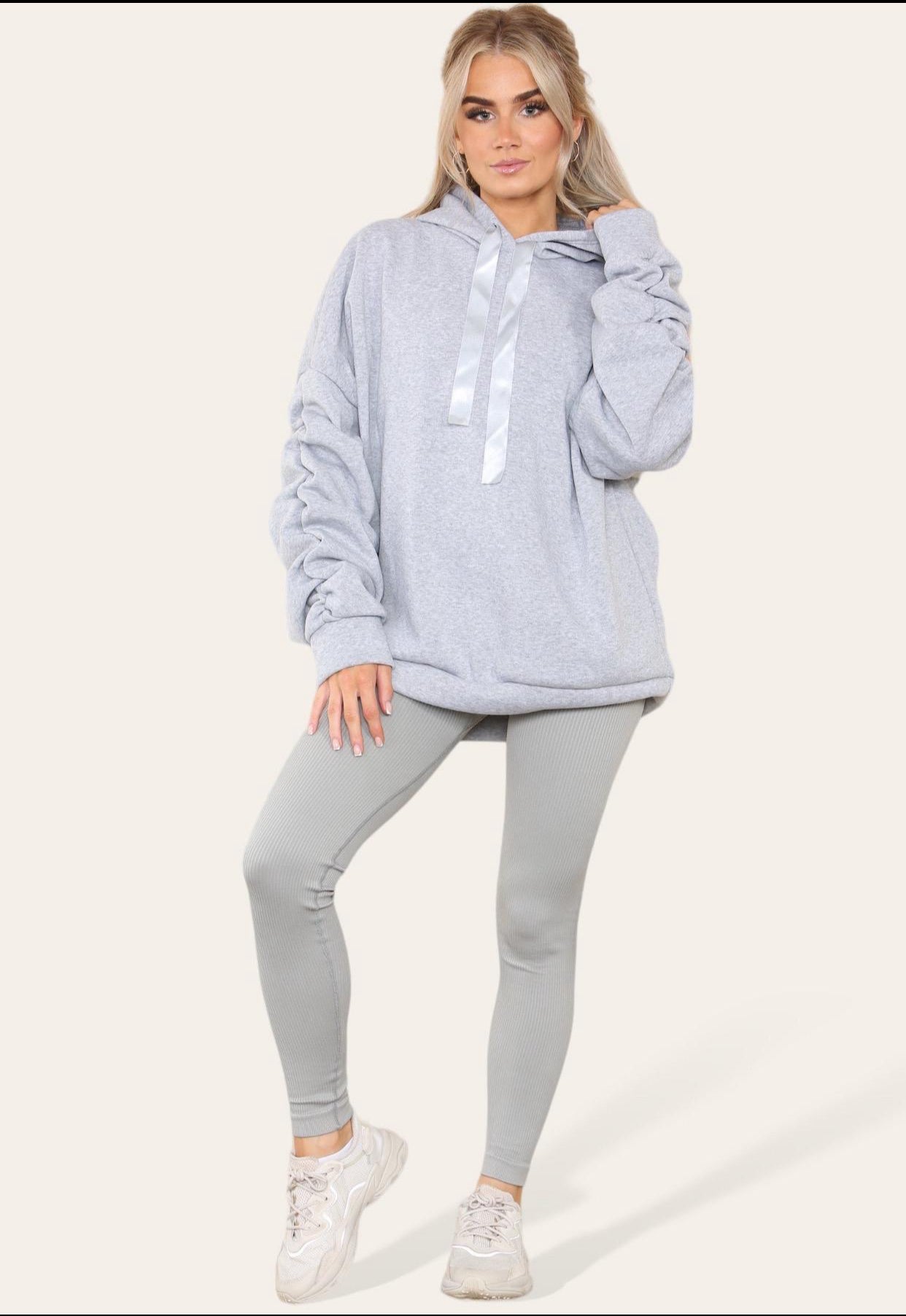 Oversized Ruched Sleeves Hoodie With Satin Ribbon with High Waist High Rise Seamless Ribbed Legging Set