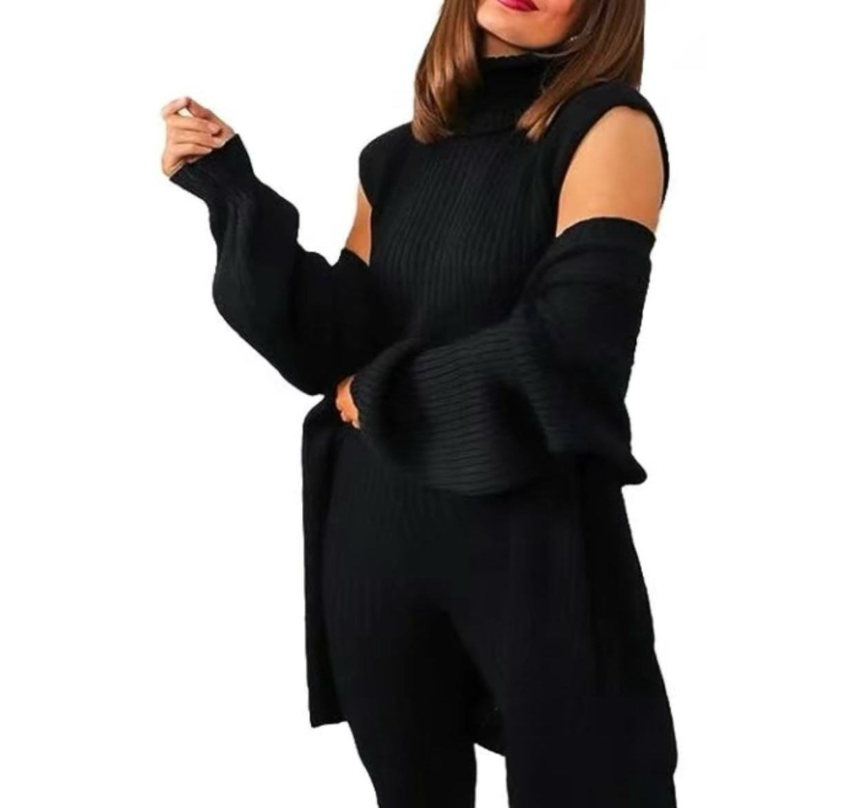 Women's Ladies Long Sleeve Knit 3 Piece Roll Neck Knitted Top Open Cardigan Set Suit Womenswear