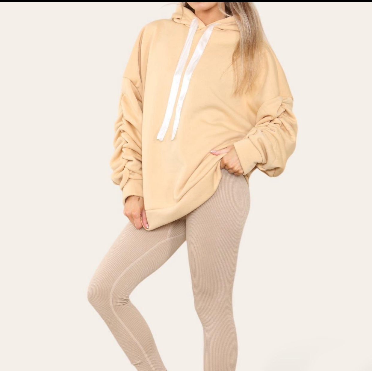 Oversized Ruched Sleeves Hoodie With Satin Ribbon with High Waist High Rise Seamless Ribbed Legging Set