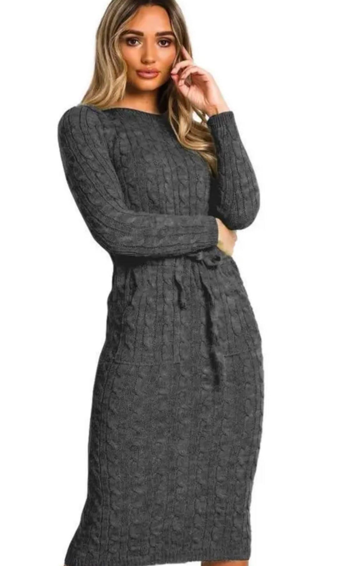 Women Ladies Cable Knitted Pocket Long Sleeve Tie Up Midi Party Jumper Dress Top Comfortable Womenswear Elegant