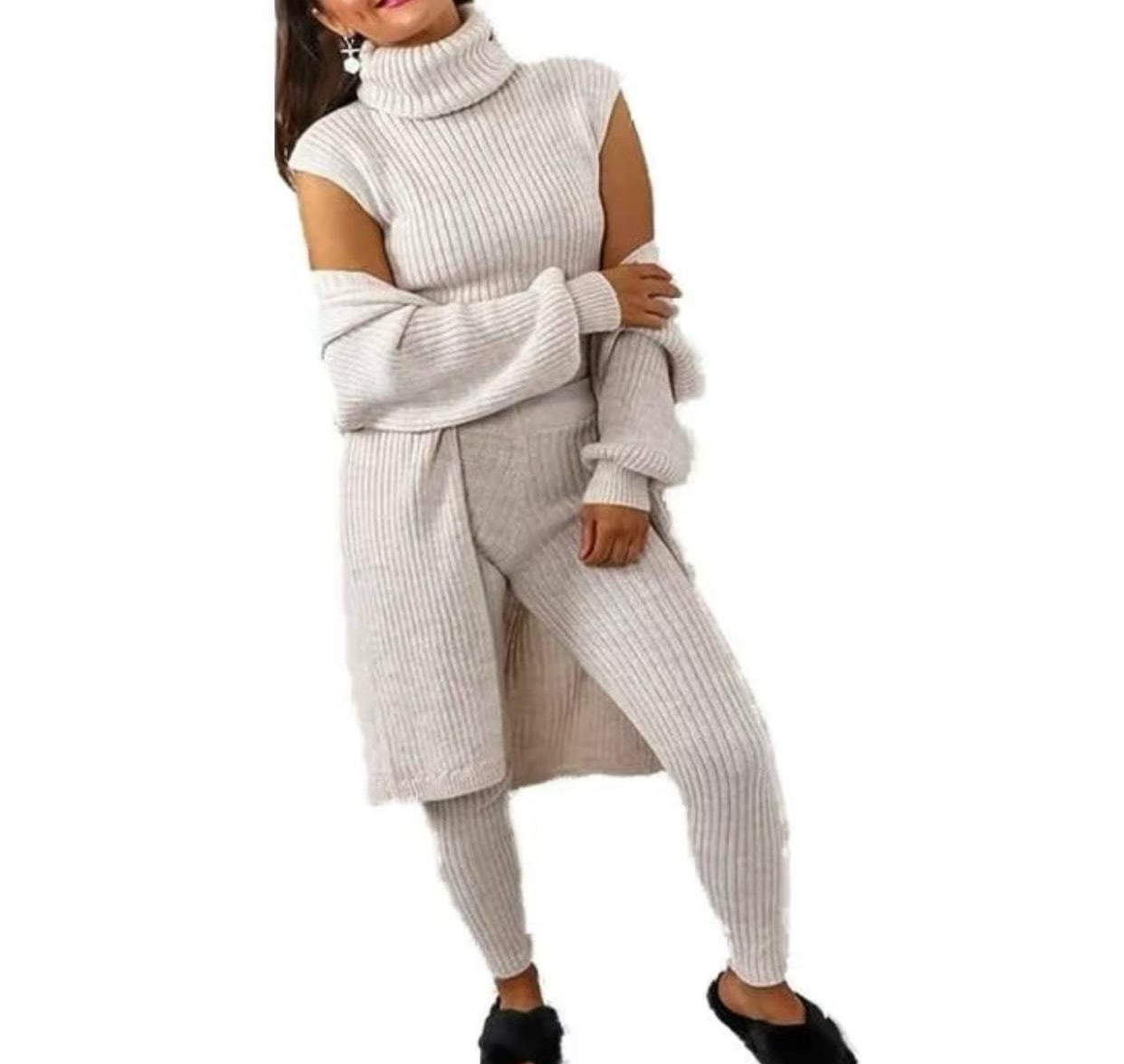 Women's Ladies Long Sleeve Knit 3 Piece Roll Neck Knitted Top Open Cardigan Set Suit Womenswear