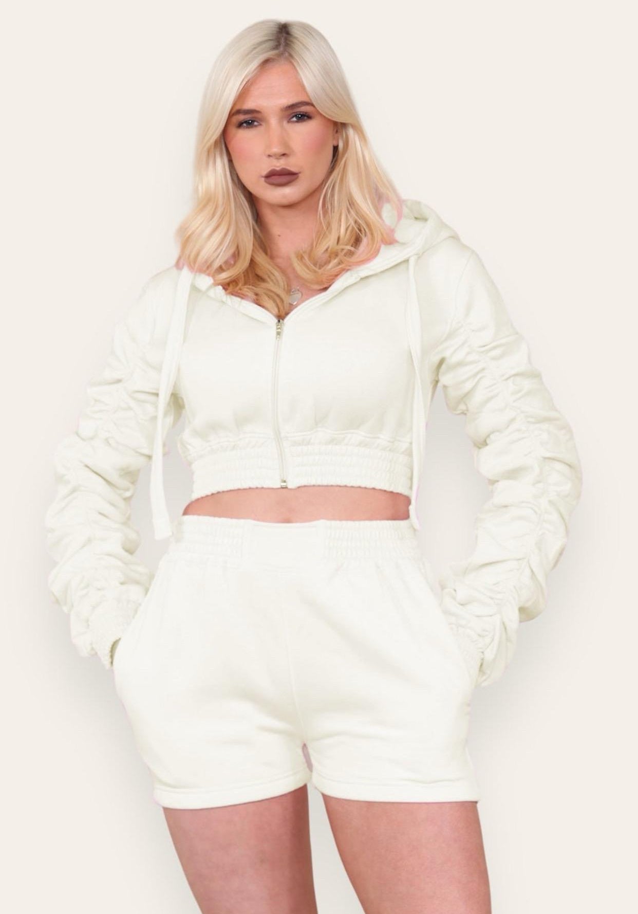 Ruched Sleeves Cropped Zip Up Front Elasticated Hem Hooded & Shorts Fleece Co-Ord Set Womenswear