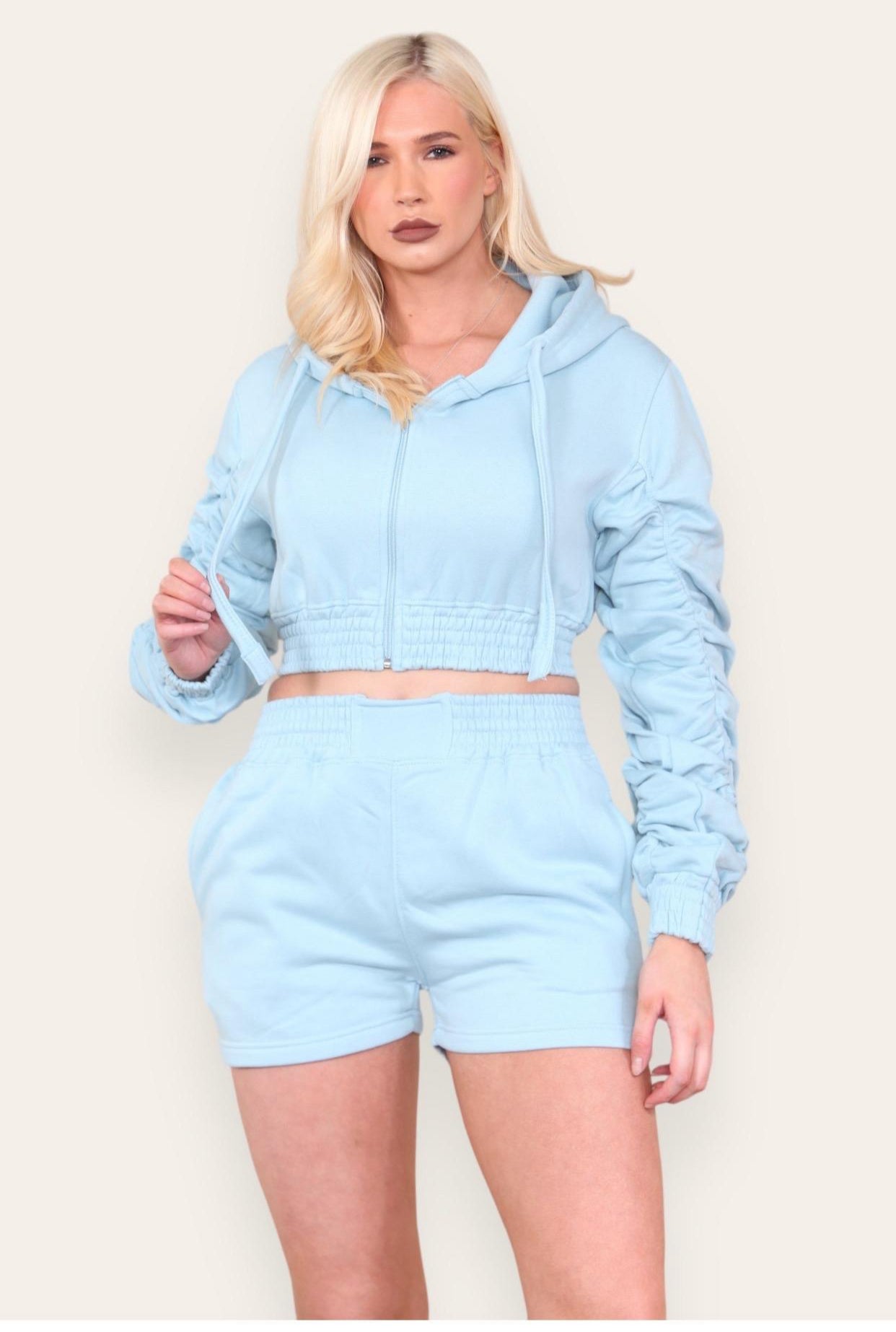 Ruched Sleeves Cropped Zip Up Front Elasticated Hem Hooded & Shorts Fleece Co-Ord Set Womenswear