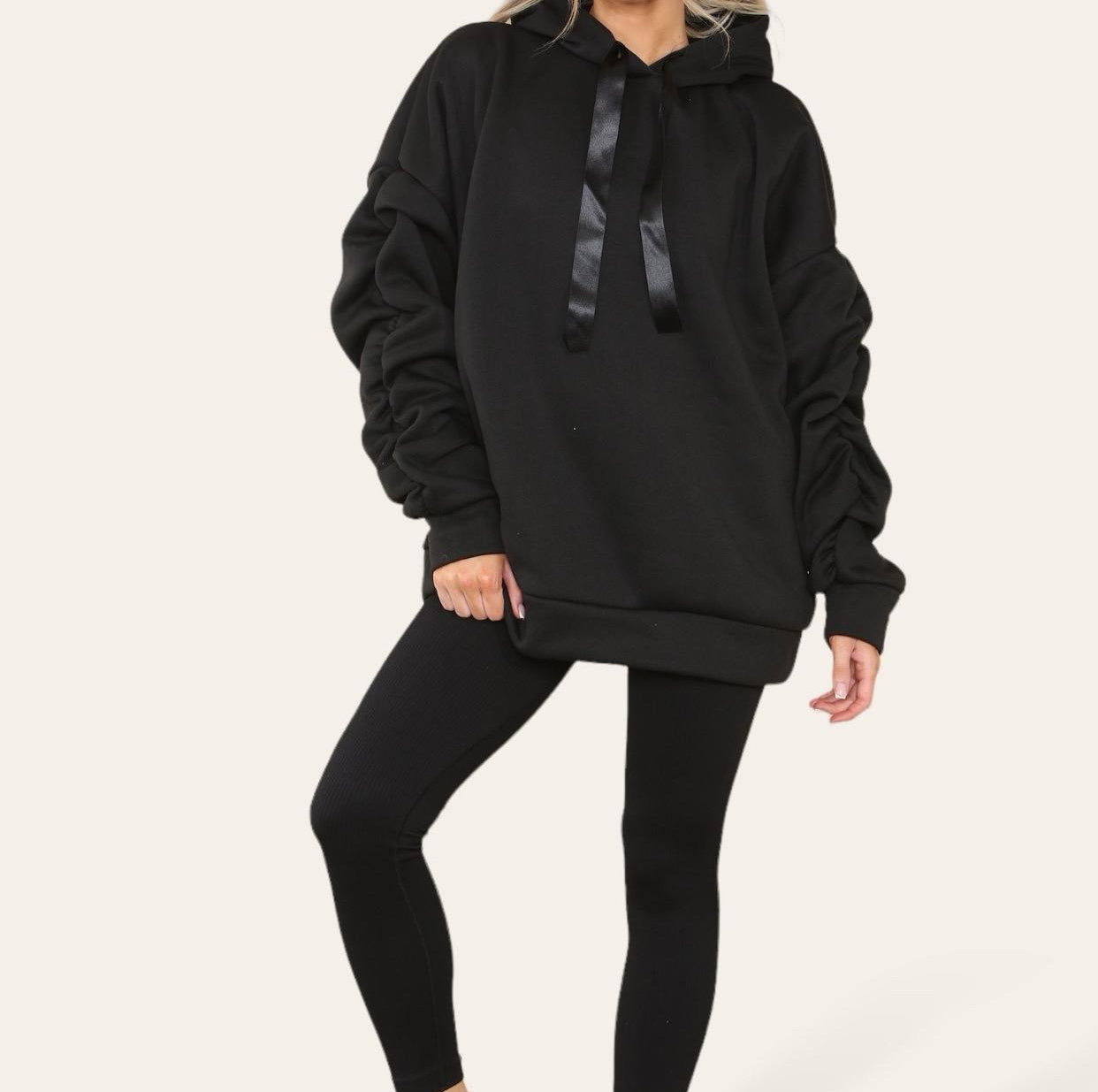 Oversized Ruched Sleeves Hoodie With Satin Ribbon with High Waist High Rise Seamless Ribbed Legging Set