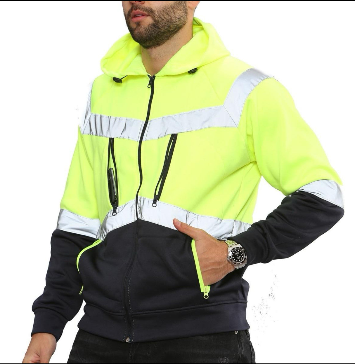 Hi Viz Vis High Visibility Hoodie Jacket Work 4 Zip Hooded SweatShirt Fleece Top Menswear