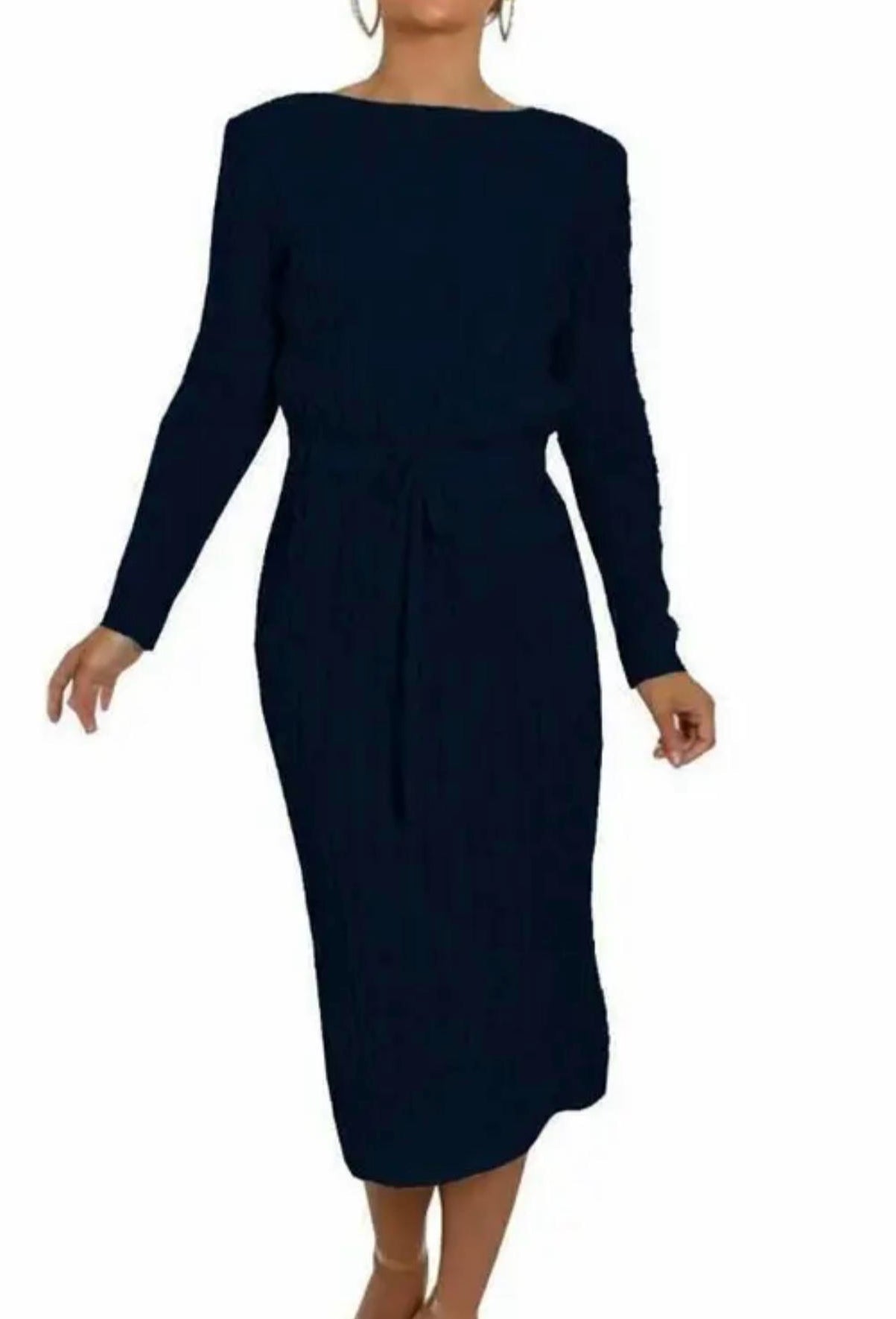 Women Ladies Cable Knitted Pocket Long Sleeve Tie Up Midi Party Jumper Dress Top Comfortable Womenswear Elegant