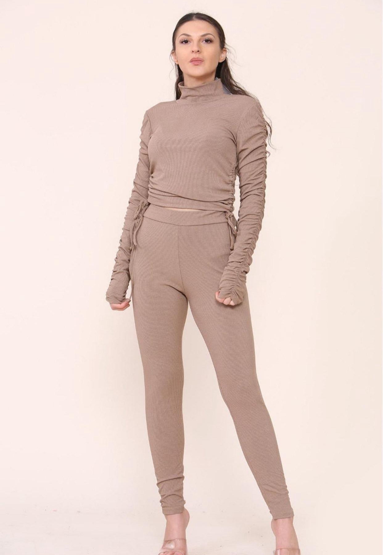 High Neck Ruched Side Arm Solid Drawstrings Ribbed Tee and Leggings set