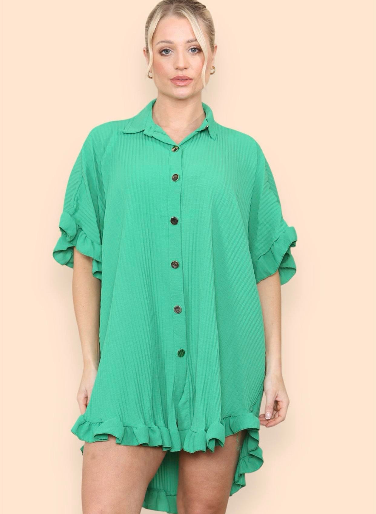 Women's Shirt Dress Pleated Short Sleeve Loose Italian Buttons Plain Detail Summer