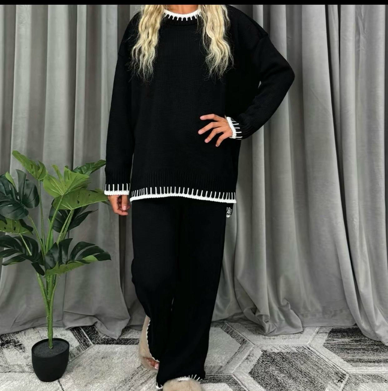 Womens Knitted Lounge Wear Ladies Wide Leg Palazzo Top Trousers Tracksuit Set Womenswear Comfortable Essential Long Sleeve Crew Neck