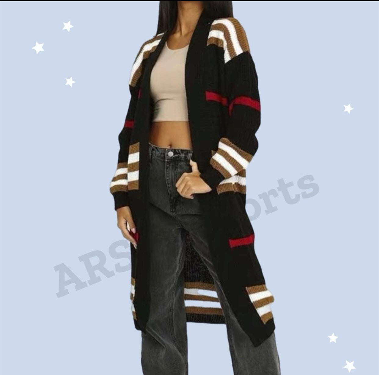 Ladies Womens Long Sleeve Striped Knitted Grandad Maxi Cardigan Knit Sweater ARS Womenswear